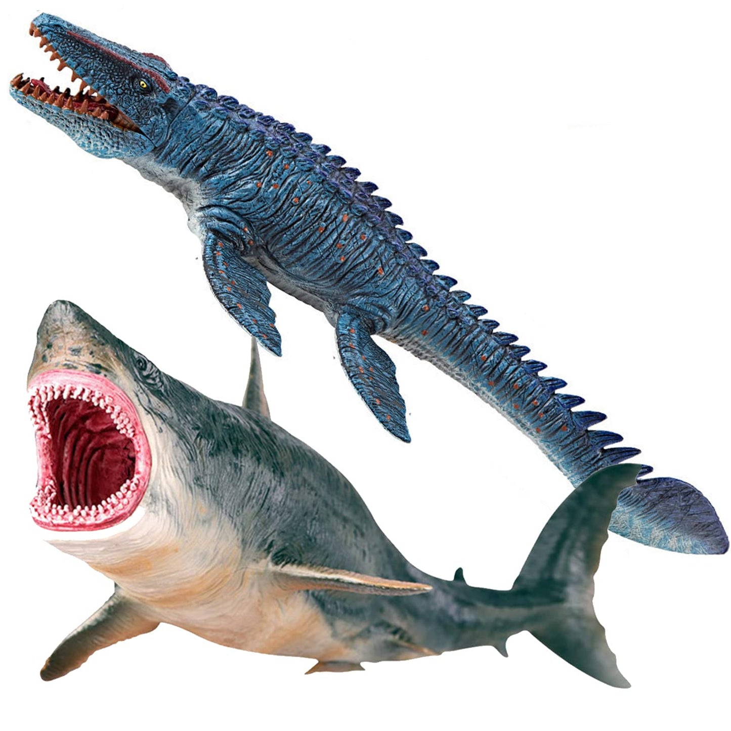 Gemini&Genius Mosasaurus And Megalodon Figurine Toy Set, Dinosaurs Toys With Movable Jaw- 13 Inches Length, Gifts For Kids Or Dino Lovers