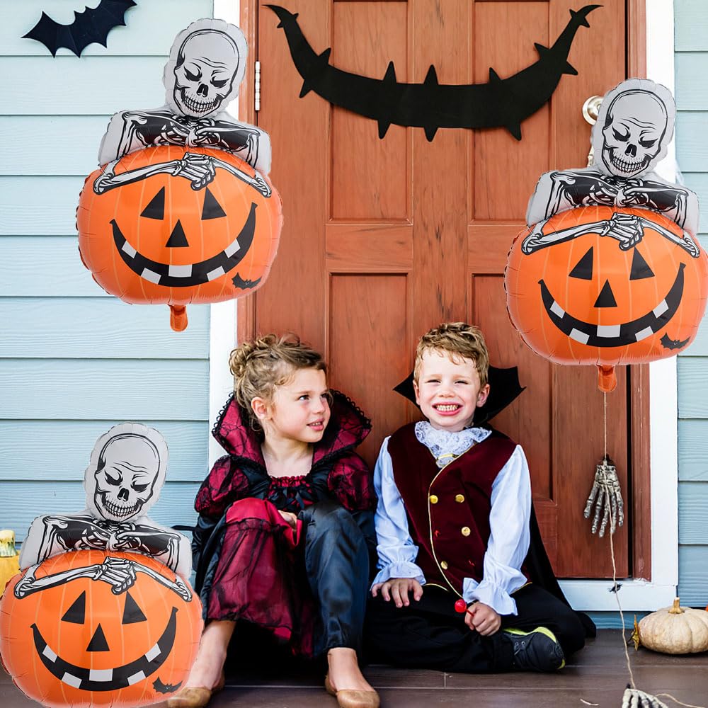 Hadckja Skull Pumpkin Balloon Halloween Balloons Skeleton Pumpkin Foil Balloons For Halloween-Themed Party Supplies Decorations