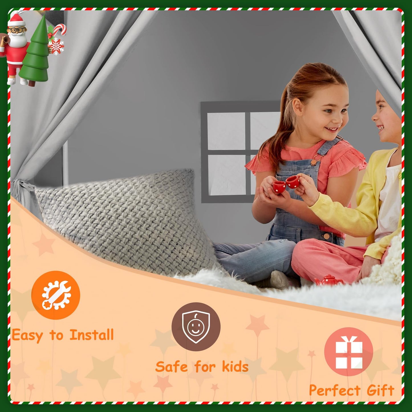 Moriteck Kids Play Tent With Padded Mat & Star Led Lights For Ages 4-8-10 Year Old Girls Boys, Large Cute Indoor Play Room House