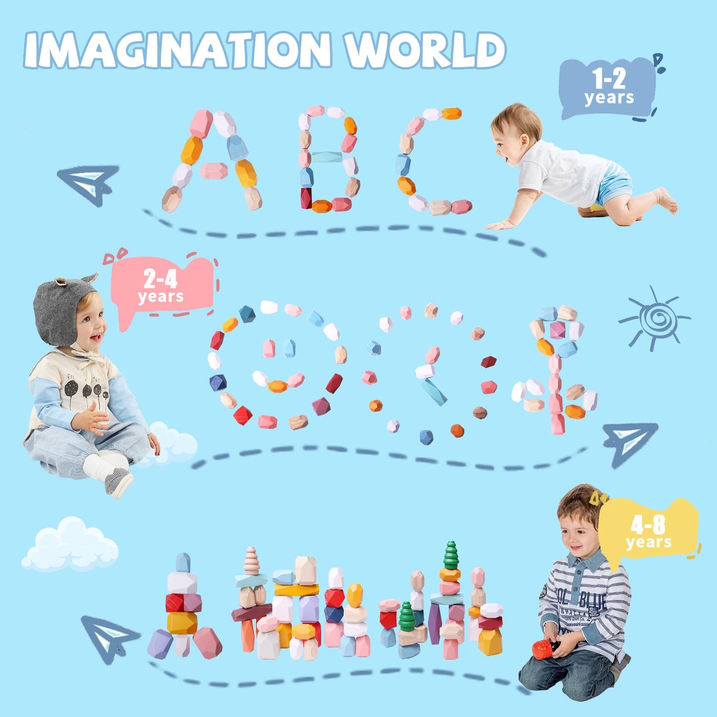 48 Pcs Wooden Stacking Rocks Building Blocks, Sensory Toddler Learning Montessori Toys For 3 Year Old, Preschool Classroom Must