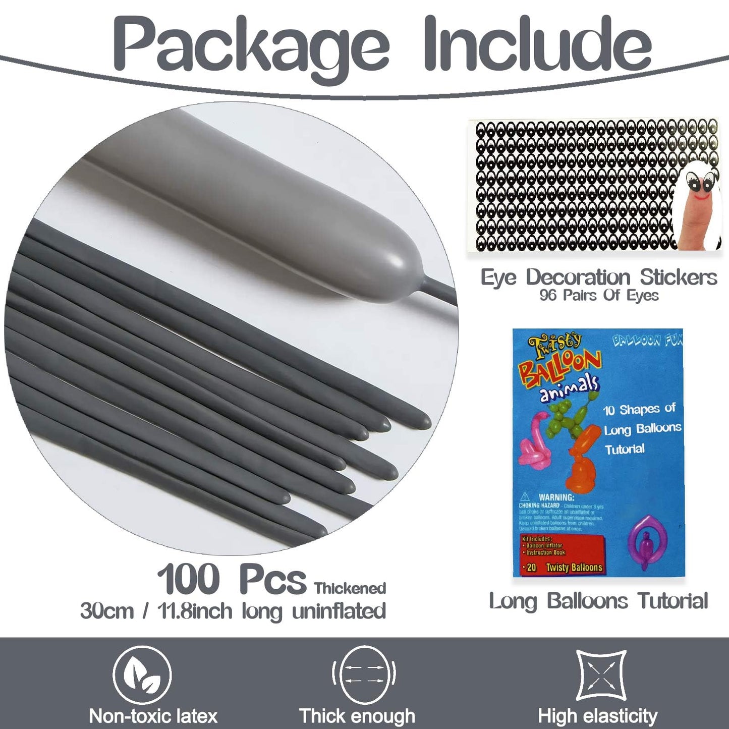 260 Balloons Grey, Thickened 100 Pack Long Balloons Twisting Skinny Magic Balloons For Balloon Arch Animals Clown Kids Birthdays