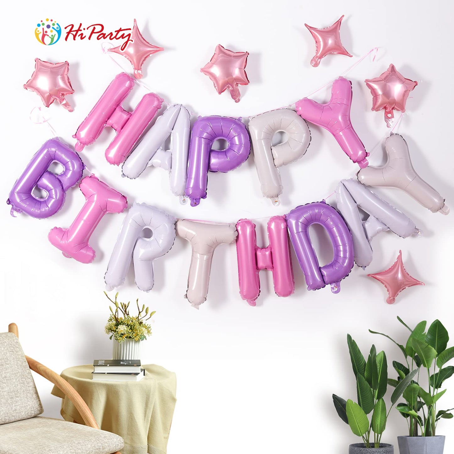 Birthday Banner, 3D Mylar Foil Happy Birthday Balloons, 24Pcs Birthday Party Decorations With 6Pcs Star Balloons For Kids Girls