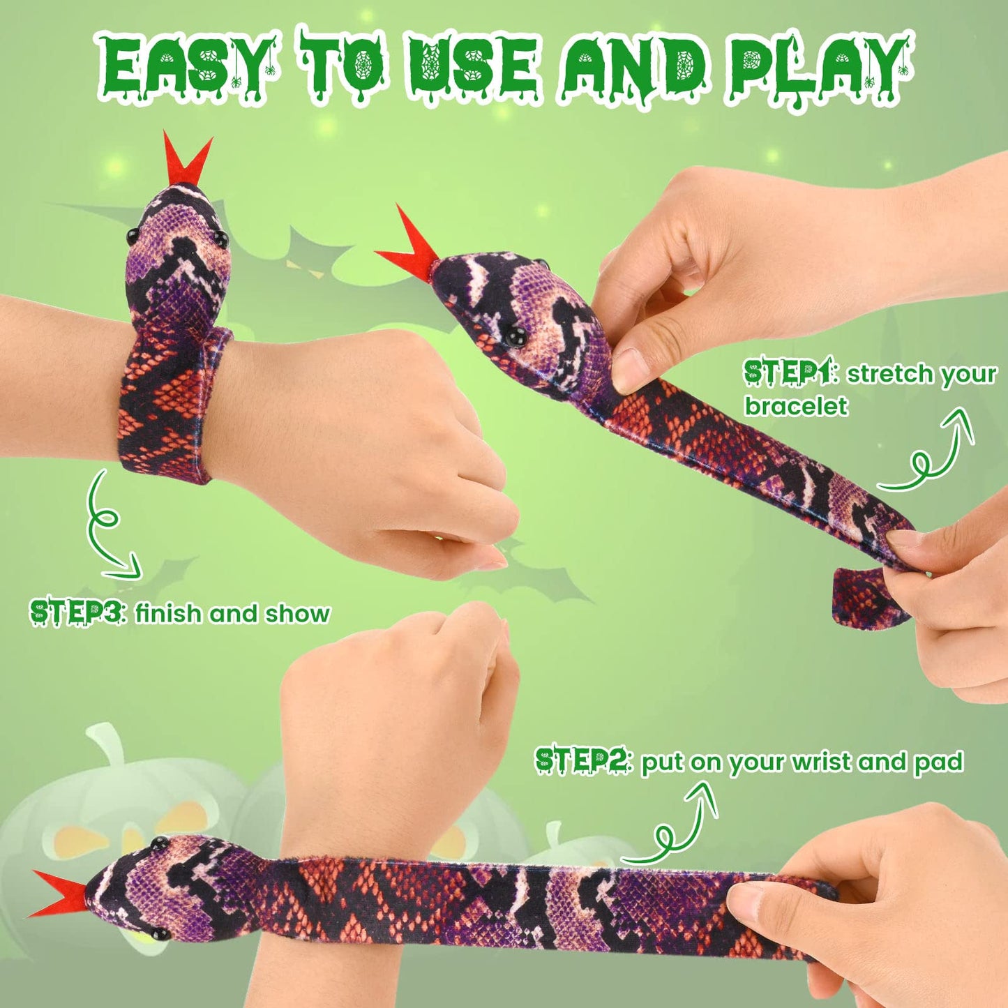 WhistenFla 16Pcs Snake Slap Bracelets, Reptile Party Favors Snake Snap Bracelet Fuzzy Animal Slap on Bracelet for Kids Reptile B
