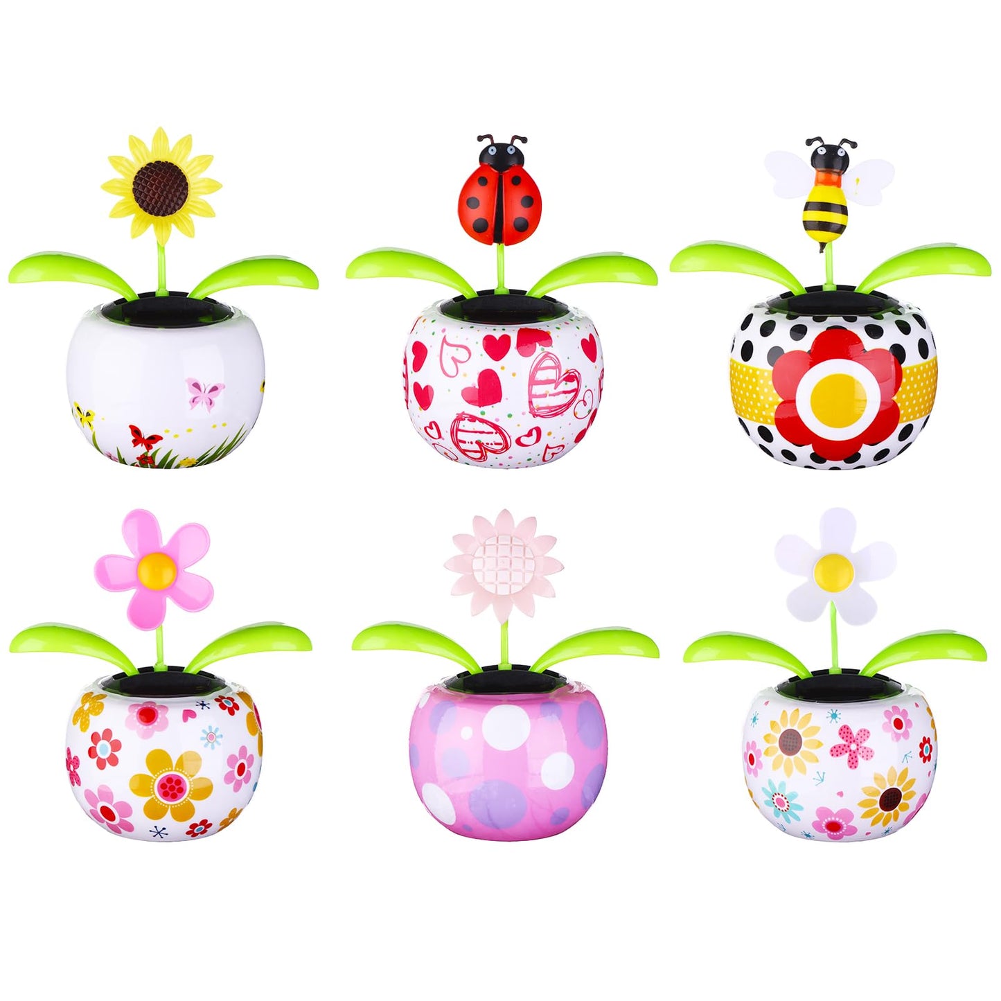 6 Solar Dancing Bee Toy Solar Powered Dancing Sun Flower In Colorful Pots Swinging Ladybug Shape Flip Flap Animated Bobblehead Dancer Window Sunflower Sun Catcher Car Dashboard Decor