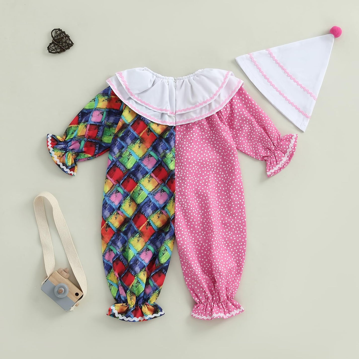 Aiwpstoin Toddler Baby Clown Costume Boy Girl Funny Halloween Outfit Contrast Color Long Sleeve Jumpsuit with Hat (Pink, 18-24 M
