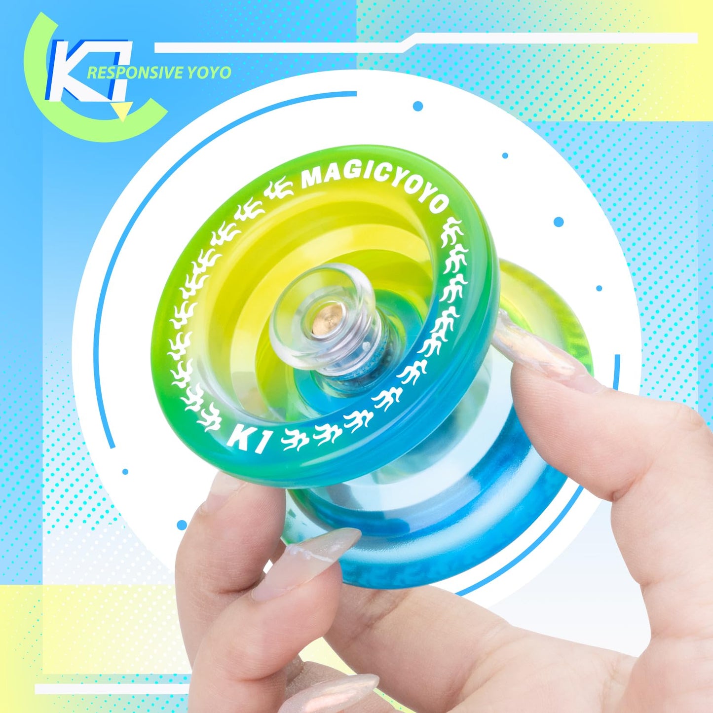 Responsive Yoyo K1 Plus - Plastic Yoyo For Kids Beginners, Yo-Yo Professional Finger Spin Yoyo Tricks With Adults, 12 Yoyo Strings + Yoyo Stroage Bag + Yoyo Glove + 2 Hubstack(Blue Yellow)