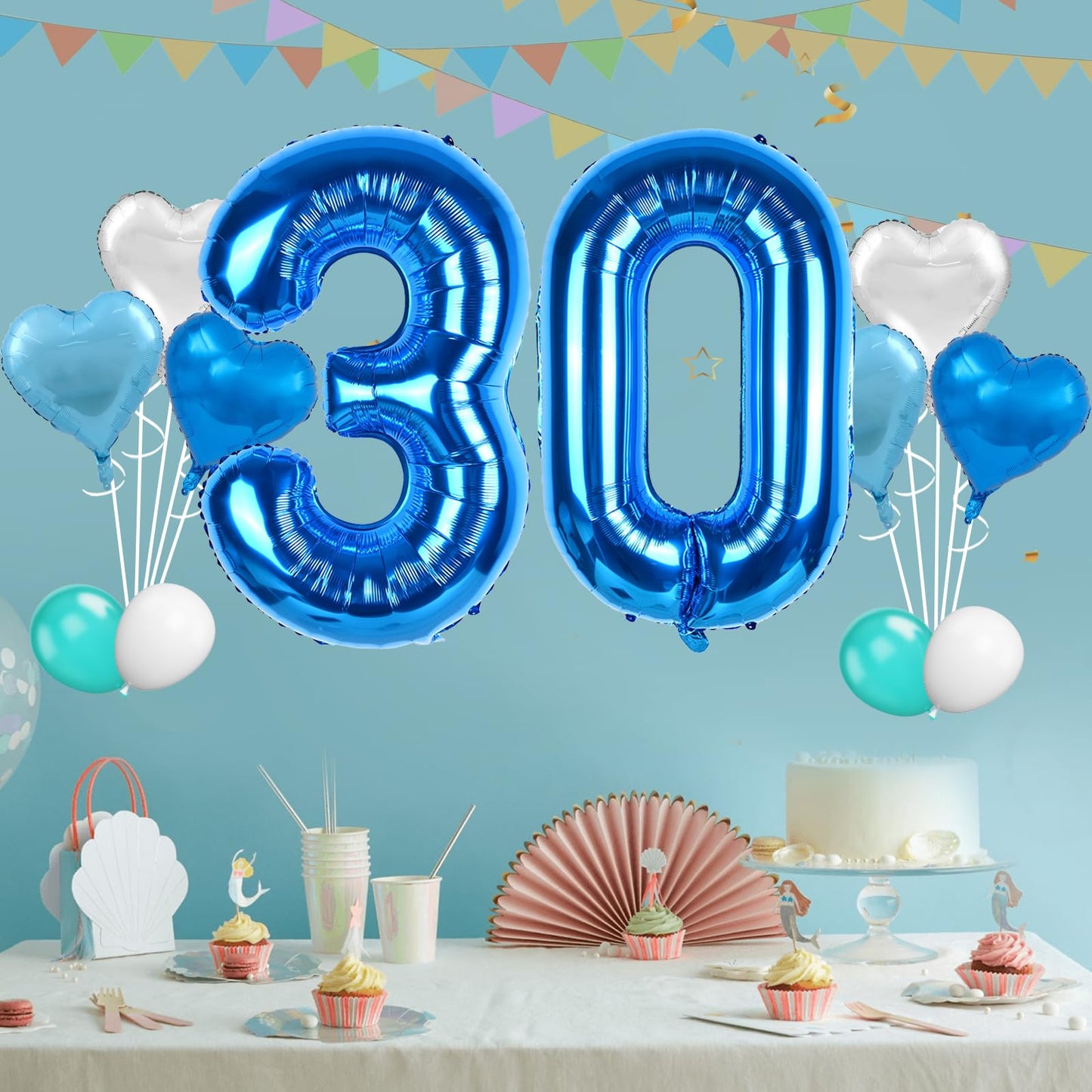 Biapian 40 Inch Blue Number 30 Balloons, 8Pcs Large Foil Number 3 & 0 Balloons With 18'' Blue Silver Heart Shape Balloon For 30T