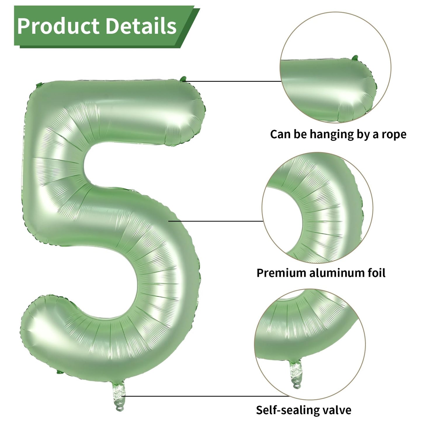 Biapian 40 Inch Sage Green Number 5 Balloons, 7Pcs Gaint Number 5 Balloon With 18'' Retro Foil Heart Balloons Helium For Neutral