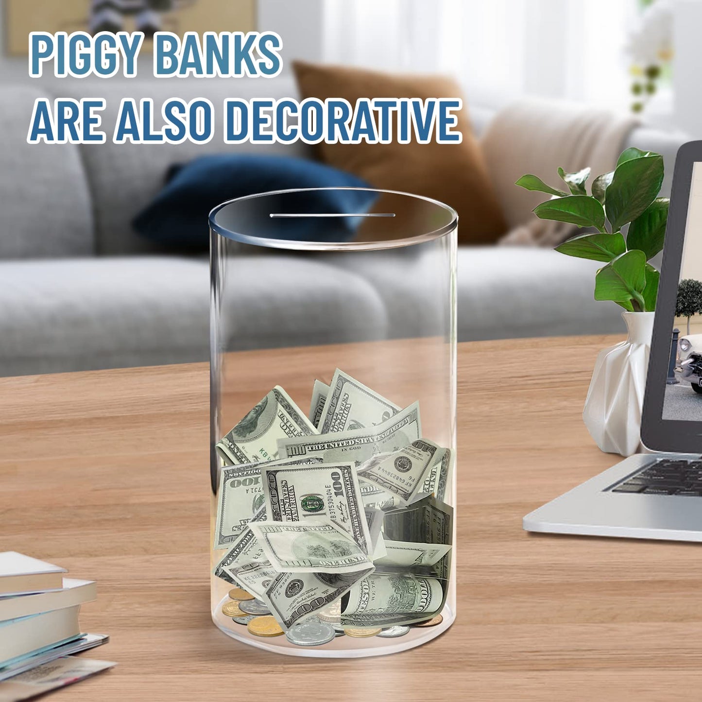 Hizgo Adults Piggy Bank, Acrylic Clear Piggy Bank For Adults/Kids Must Break To Open, Unopenable Acrylic Savings Jar, Size 10' H X 6' Diameter(Large)
