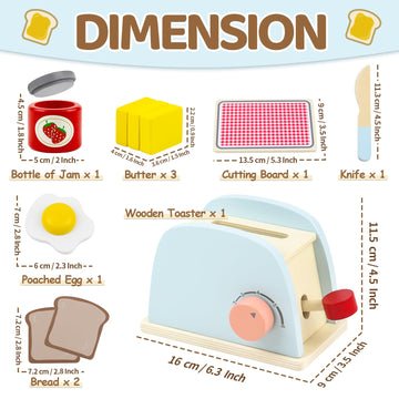 Airlab Play Kitchen Accessories Toddlers 1-3 Wooden Pop-up Toaster Toy Play Food Kids Age 1 2 3, Bread, Butter, Poached Egg Cutt