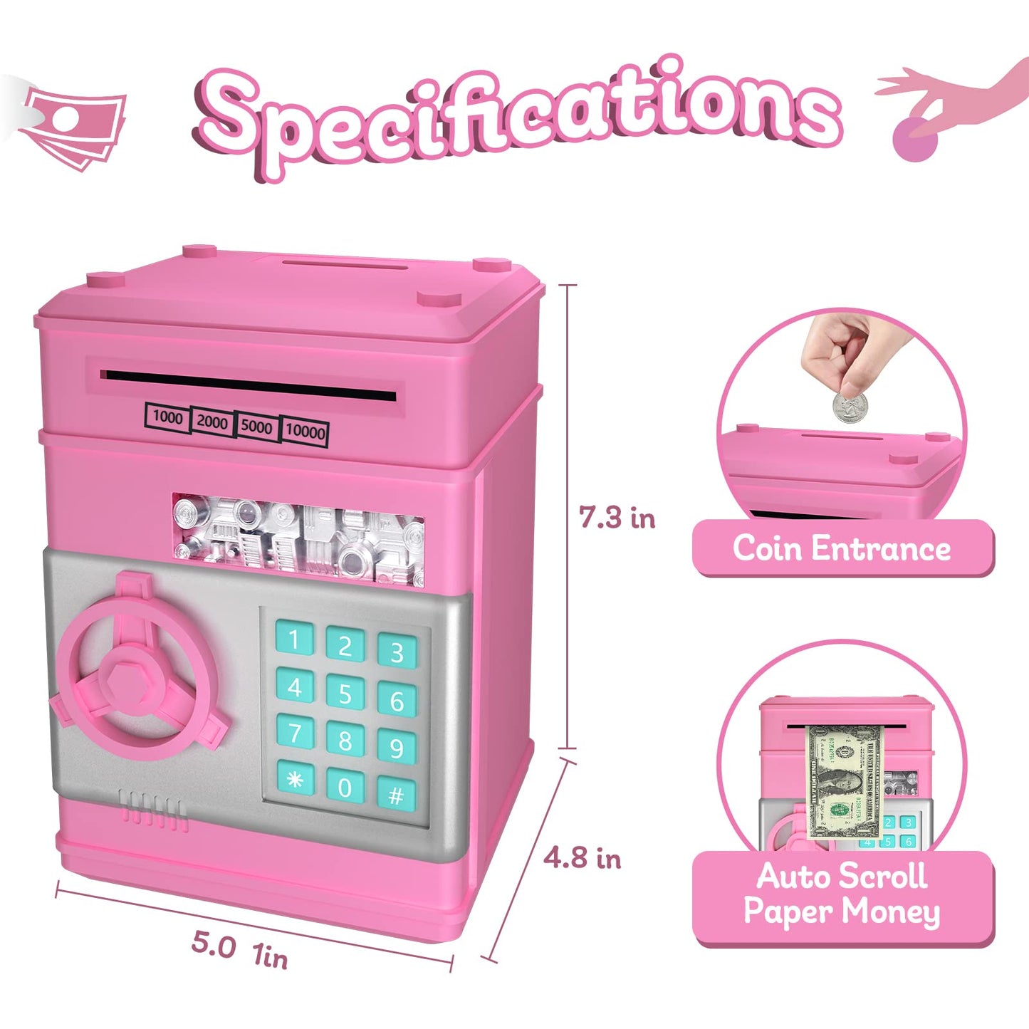 ATM Piggy Bank for Kids Girls, Coin Bank with Safe Password, Electronic Mini ATM Coin Bank with Auto Scroll Paper Money, Kids Pi