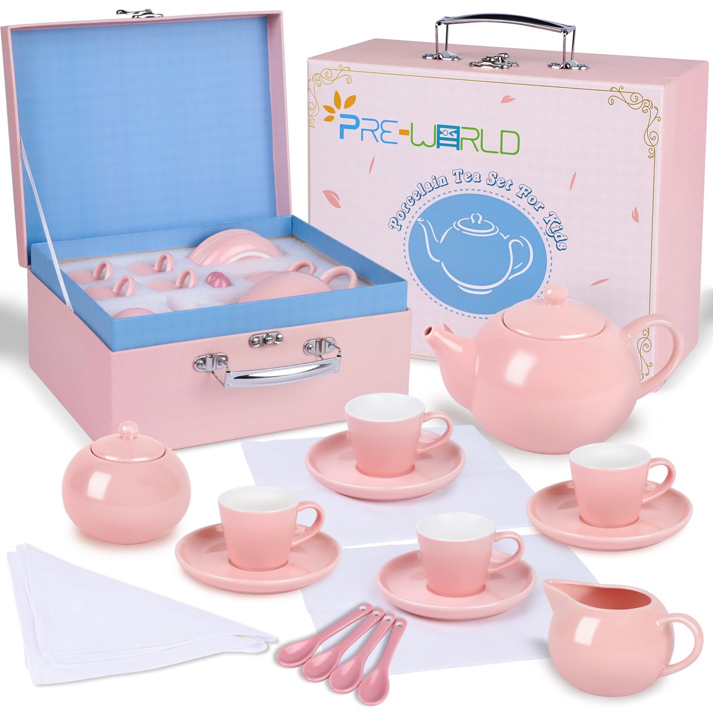 Porcelain Tea Party Set For Little Girls, 22Pcs Princess Tea Time Toy Including Teapot,Saucers,Teacups,Sugar Bowl,Creamer Pitche