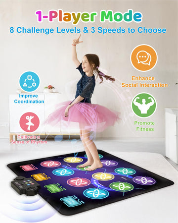 Gleamkid Dance Game Mat For Kids, Led Light-Up 12-Button Dance Pad With Adjustable Volume, Built-In Music, 1-Player & 2-Player M