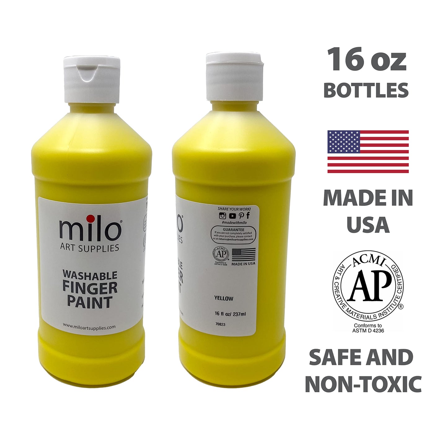 Milo Kid'S Washable Finger Paint Set Of 8 Colors | 16 Oz Bottles | Safe And Non-Toxic | Made In The Usa | Art & Craft Paints For