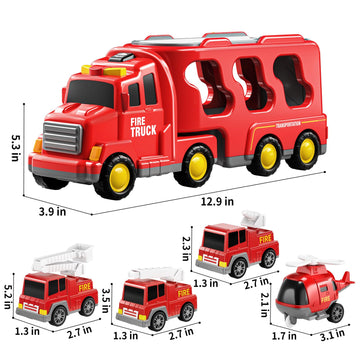 TEMI Fire Trucks Boy Toys for 3-5 Year Old Toddlers - Toys for 3 4 5 6 7 Years Old Transport Vehicle Carrier Truck, Boy Trucks T