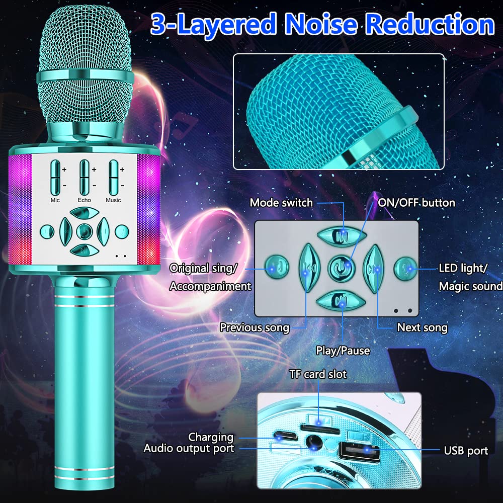 Amazmic Kids Karaoke Microphone Machine Toys For Girls Bluetooth Microphone With Led Light, Birthday Gift For Girls Boys 3 4 5 6 7 8 9 10 11 12 Year Old Kids Toys(Blue)