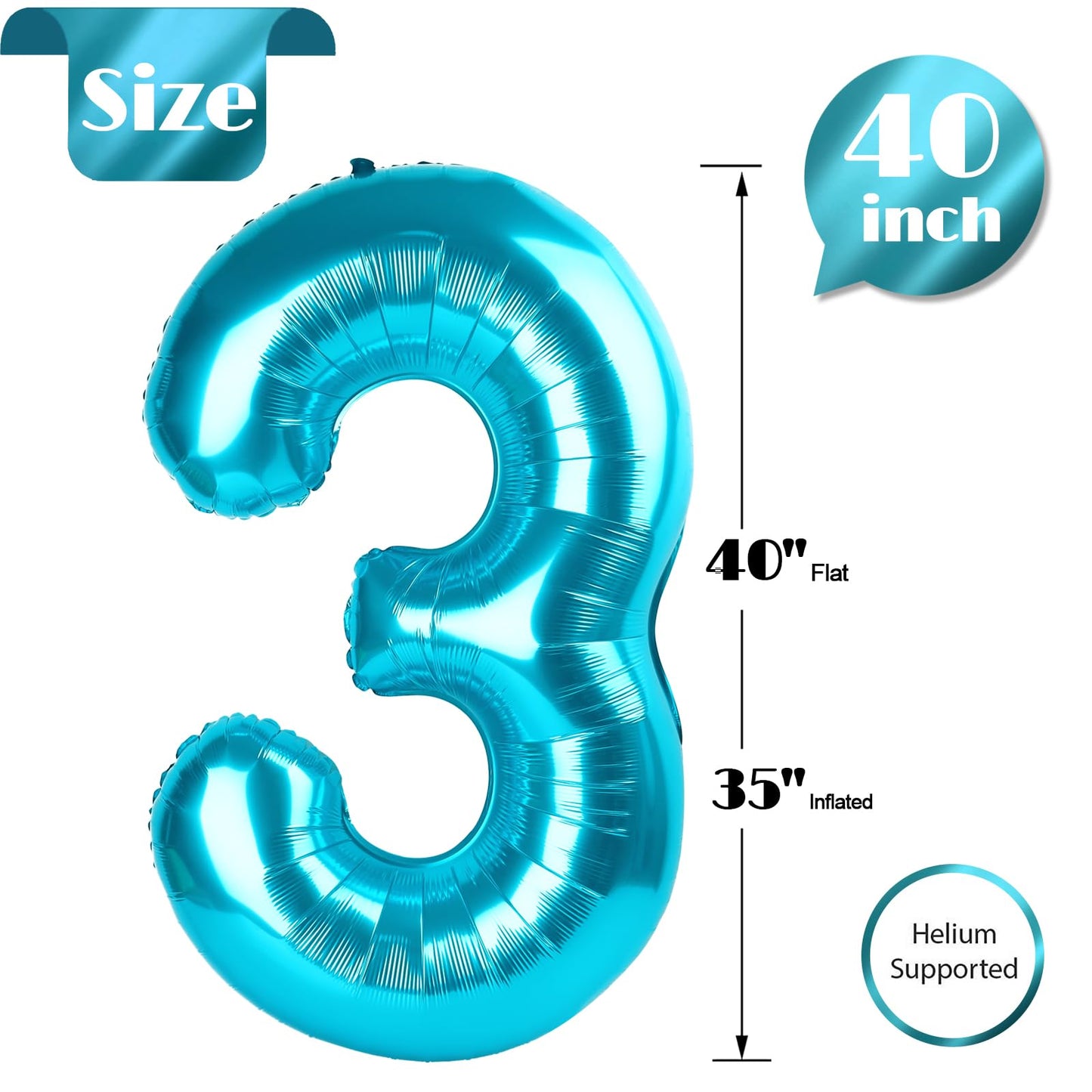 3 Balloon, Blue Number Balloons 40 Inch, 3Rd Birthday Decorations For Kids Girls Boys, Men Women Blue Party Supplies For Party D