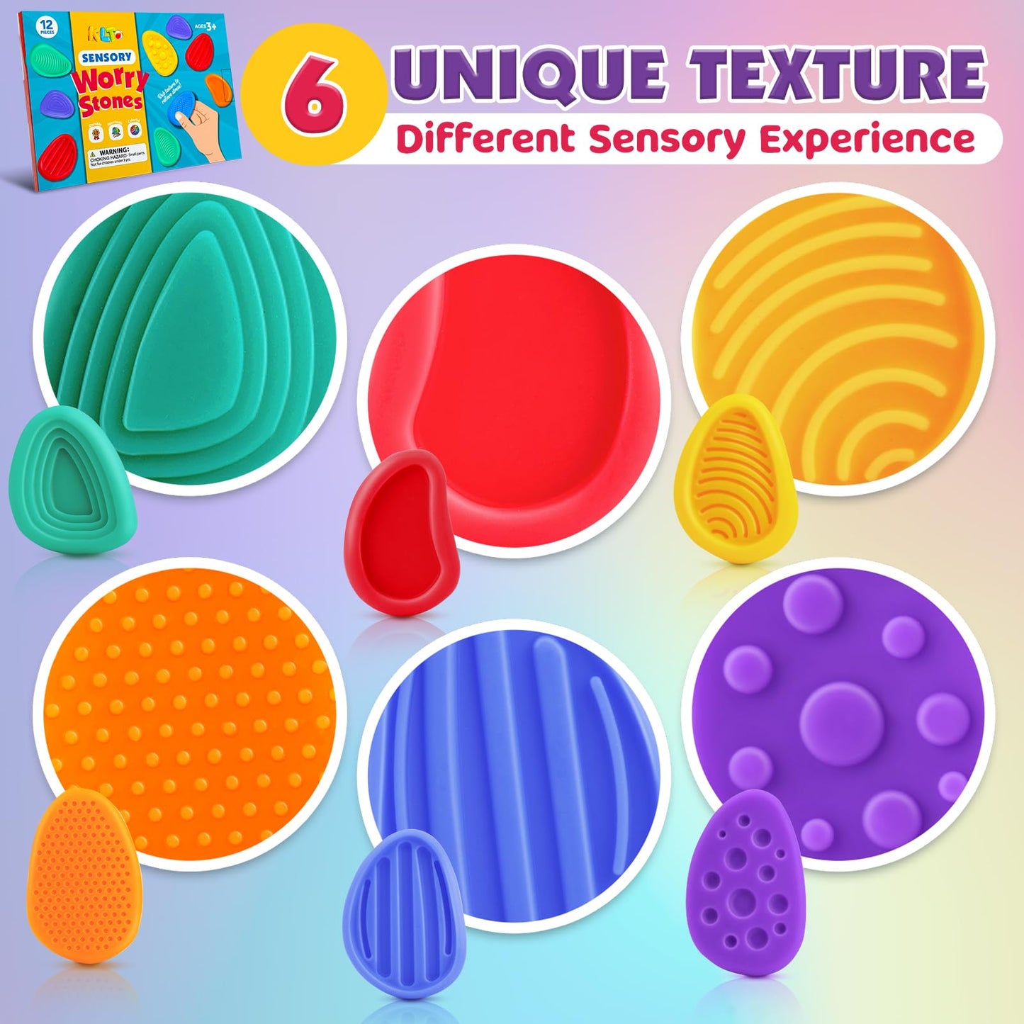 KLT Fidget Toys Sensory Stone - 12 Pack Multi-colored Texture Worry Stones for Kids, Autism Gift, Classroom Anxiety Relief