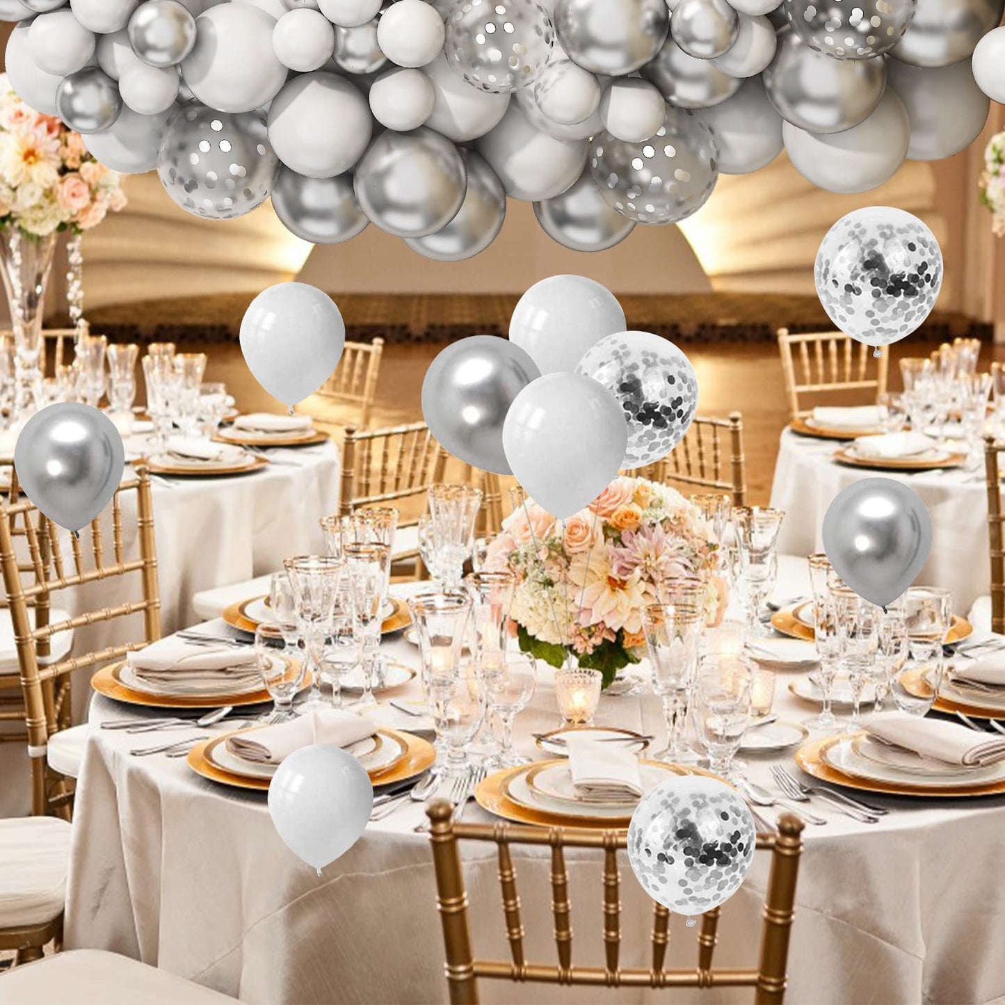 103Pcs Balloon Arch Garland Kit, White Metallic Silver Latex Balloon Garland Party Decoration Set With Silver Confetti Balloons For Girls Birthday Wedding Bridal Engagement Baby Shower Valentine'S Day