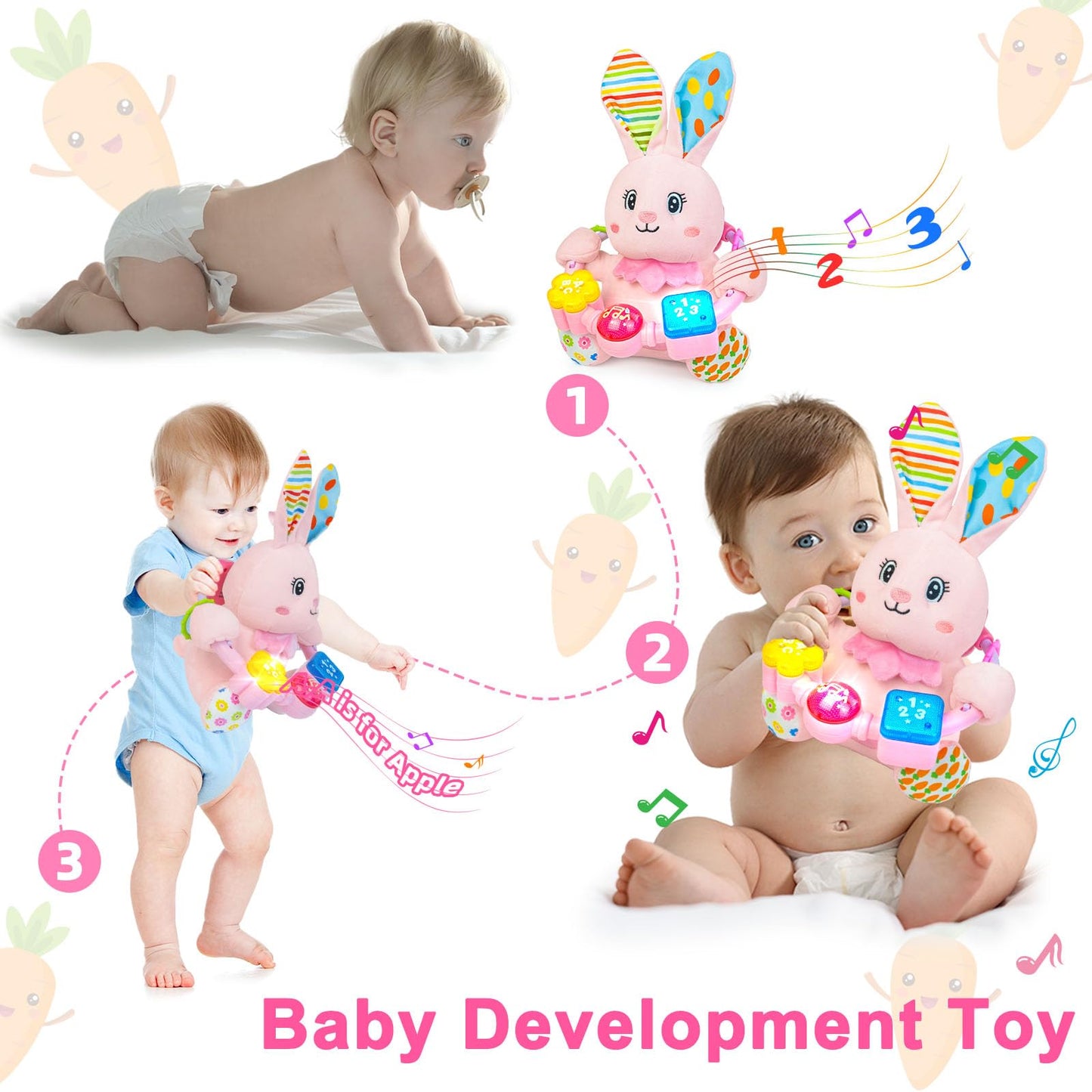 Baby Rabbit Musical Stuffed Animals Toy,Infant Bunny Bilingual Early Learning Education Toy With Light-Up Music & Crinkle,1St Ea