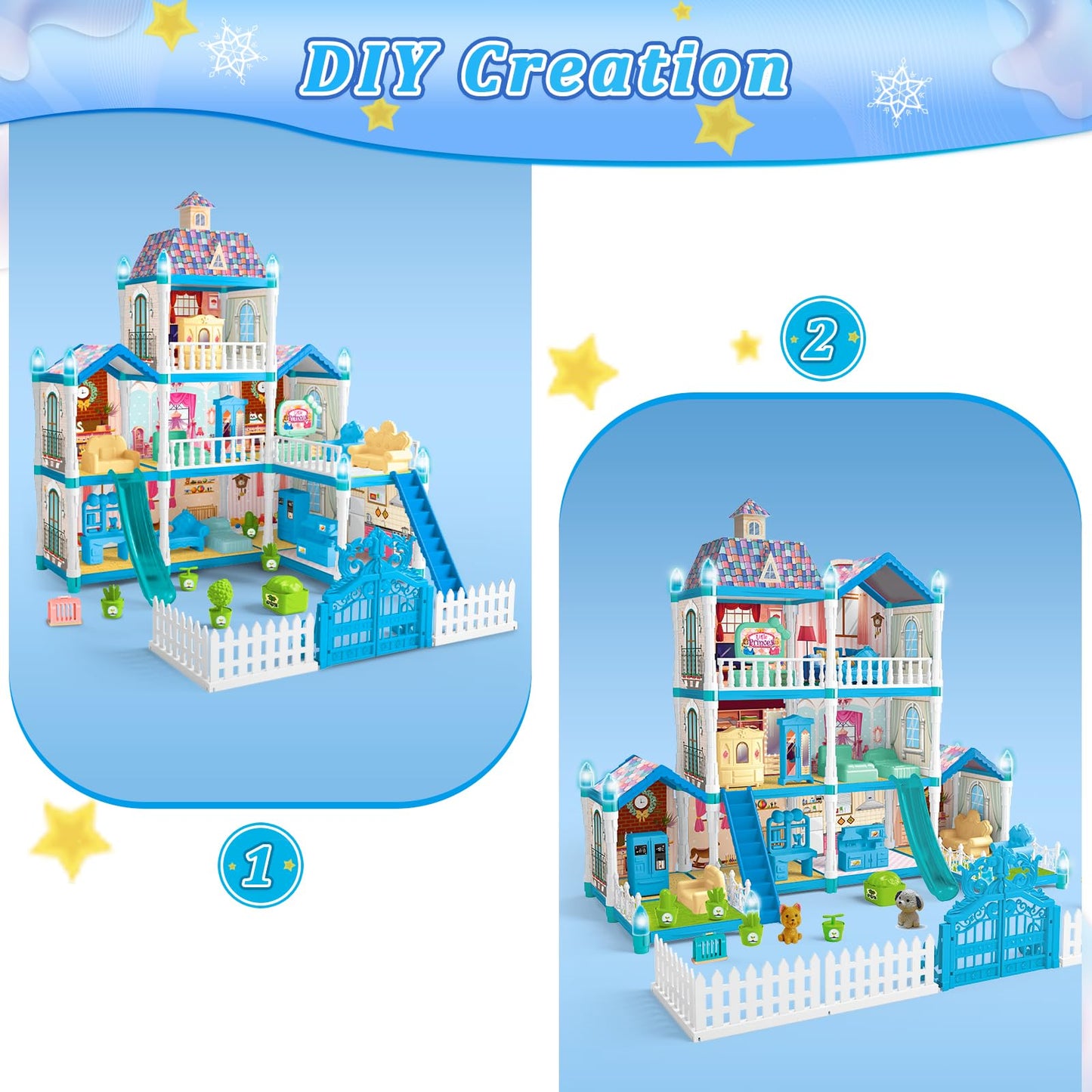 Blue Dolls Houses For Girls With Light, 1 Dolls, 2 Pets, 2 Floors - 8 Rooms, 215 Pcs Ice Dream Girls House Pretend Play Toy Set