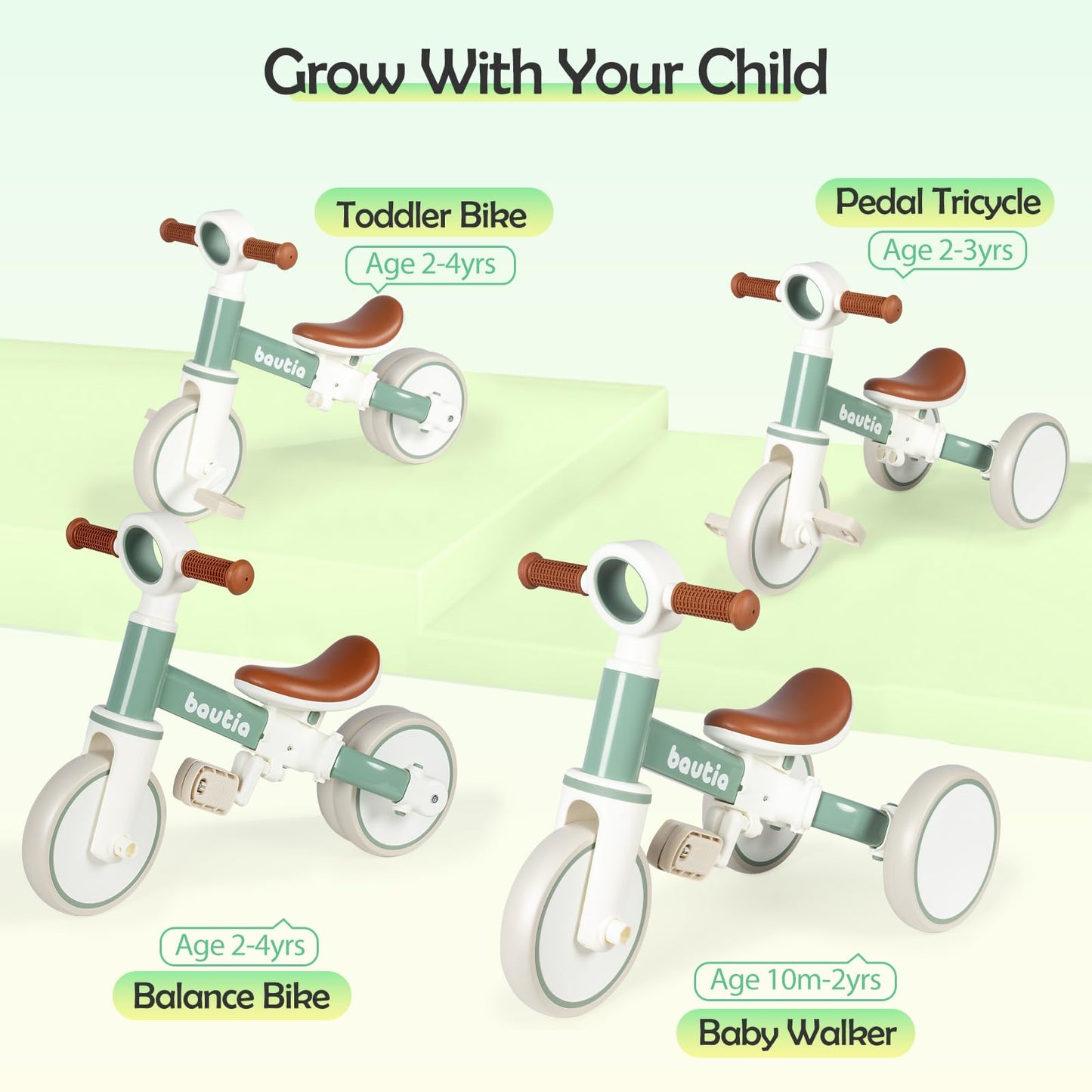Bautia 4 In 1 Tricycle For Toddlers 1-3 Baby Balance Bike 1 2 Year Old Boy Girl Gift, Bicycle For Kids Toy With Removable Pedals