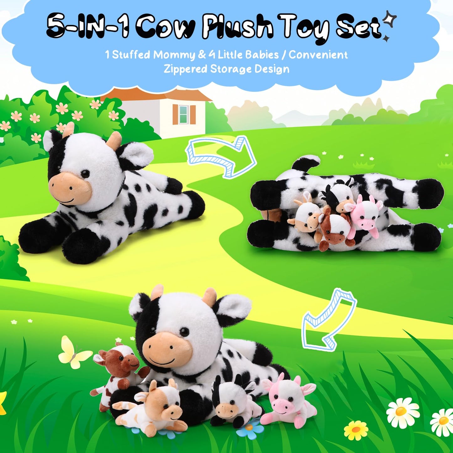 Sumind Cow Plush Animals Set - 5 Pcs, 13.78 Inch Mommy Cow with 4 Baby Calves, Soft Plush, Ideal for Baby Showers, As Pictures Show