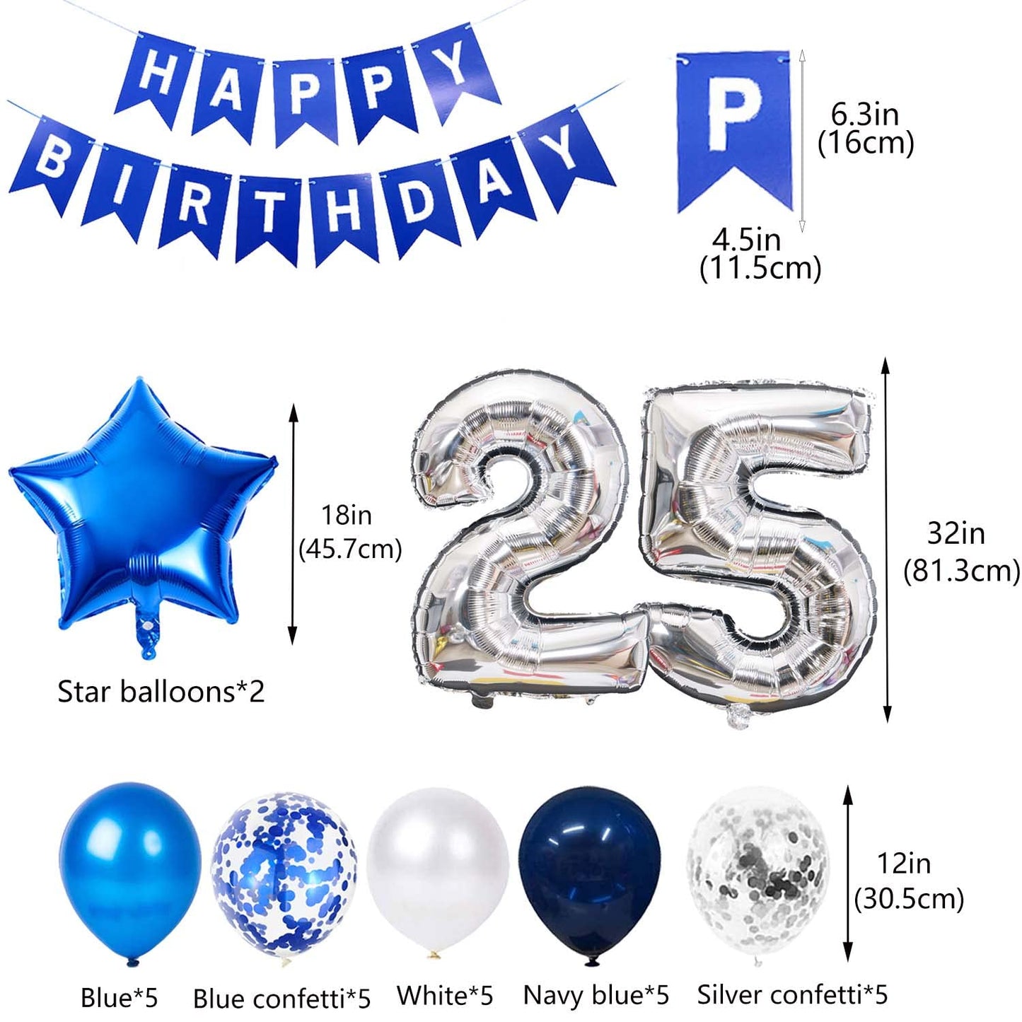 25Th Birthday Party Decoration Blue For Him, Happy Birthday Banner Blue Number 25 Birthday Star Foil Balloons Latex Confetti Bal