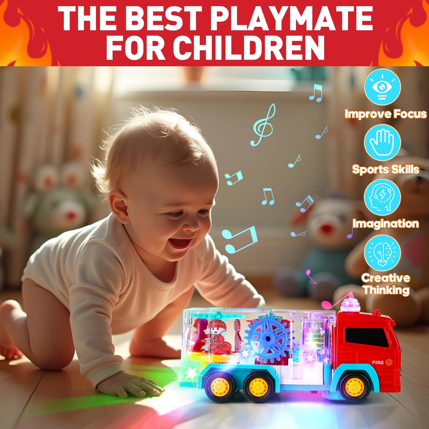 Light-Up Fire Truck Toy For Toddler,Educational Crawling Sensory Baby Toys With Rotating Gear,Cool Lights And Musical.Infant Tummy Time Toys For Kids Boys Girls 6-12-18 Months Age1 2 3 4 5 (Red)