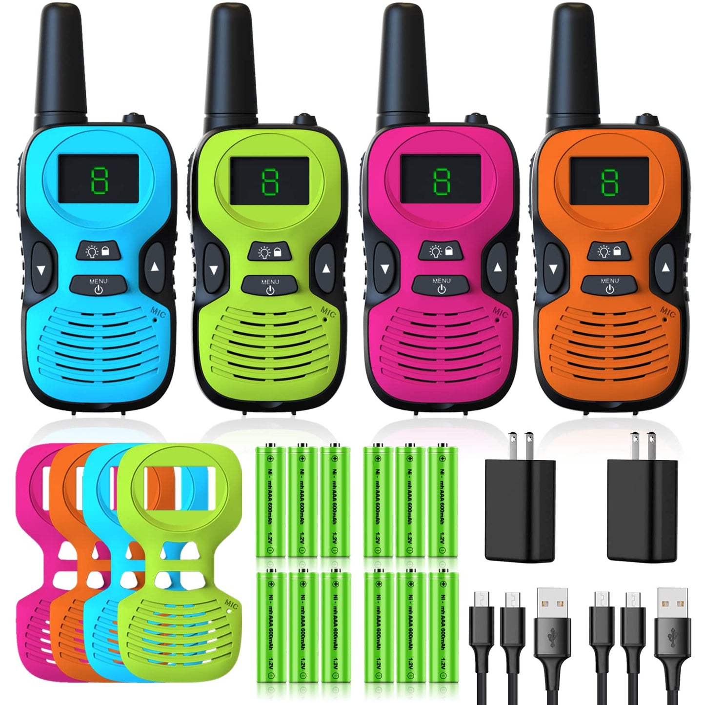 Jueion Walkie Talkies for Kids - Rechargeable 4 Pack, Long Range, Green Orange Blue Red, Model RD-866, Perfect for Outdoor Adventures