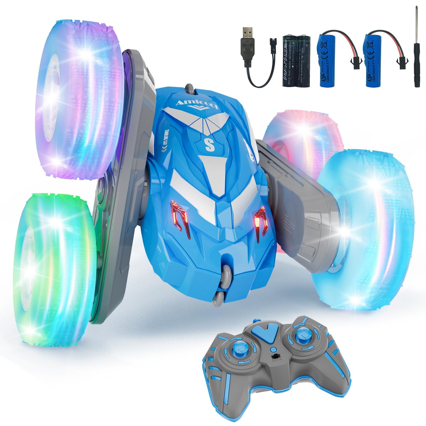 Amicool Remote Control Car for Boys 3-12 with Flashing Light, 6 7 8 9 Years Old Boy Toys, RC Cars Stunt 4WD Double Sided 360 Fli