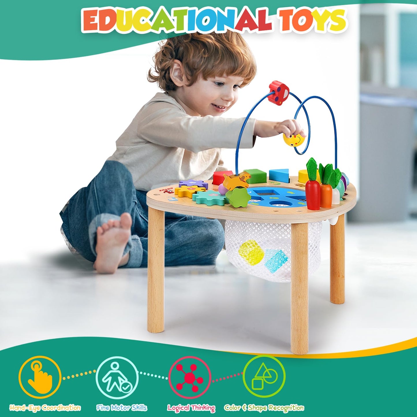 Oathx Activity Table For 1+ Year Old, 6 In 1 Wooden Montessori Activity Center Play Table With Bead Maze Shape Sorter Fishing Game, Kids Sensory Educational Toddler Learning Toys 1St Birthday Gifts