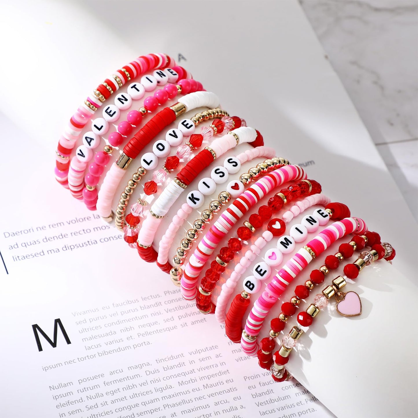 Sasylvia 48 Pcs Valentine's Day Bracelets Pink Heishi Polymer Clay Beaded Bracelets Preppy Beach Stretch Bracelet Elastic String