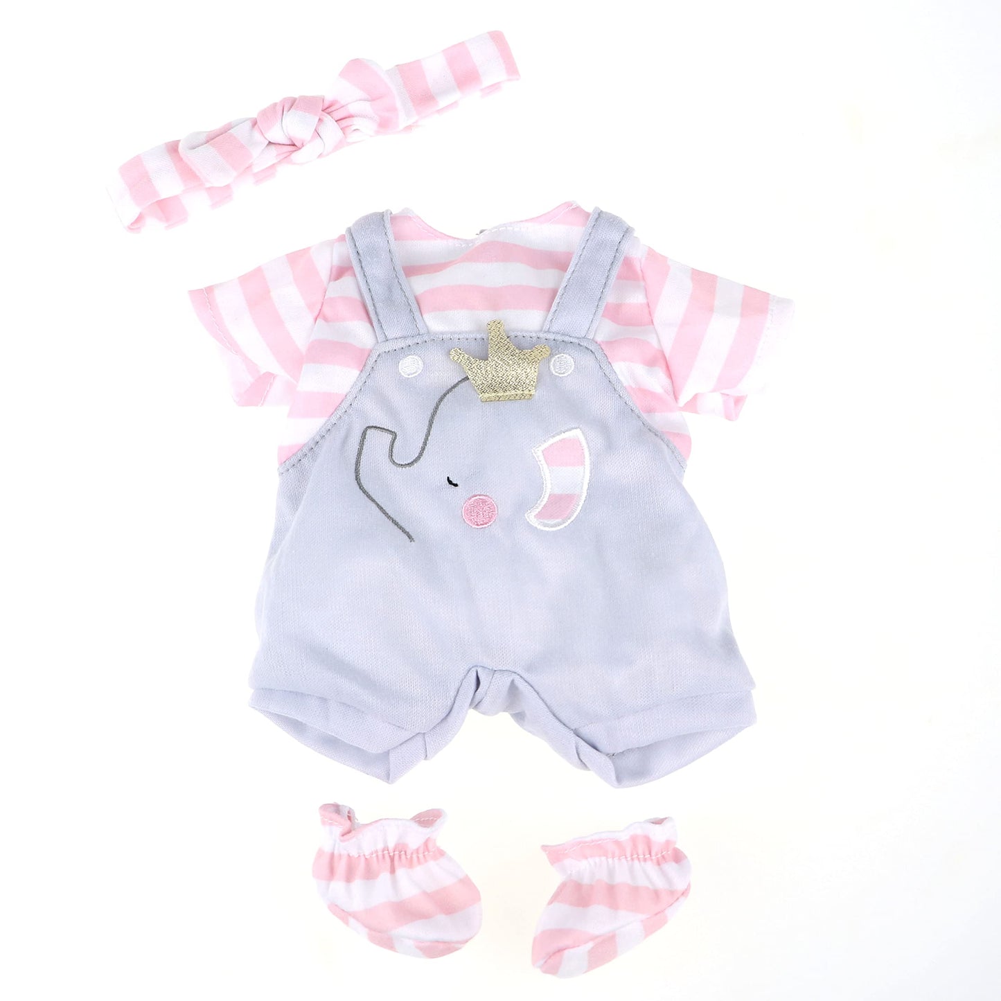 Jc Toys | Berenguer Boutique | Baby Doll Outfit | Gray Overall Shorts With Pink Stripes | Includes Headband And Booties | Ages 2+ | Fits Dolls 14'- 16'