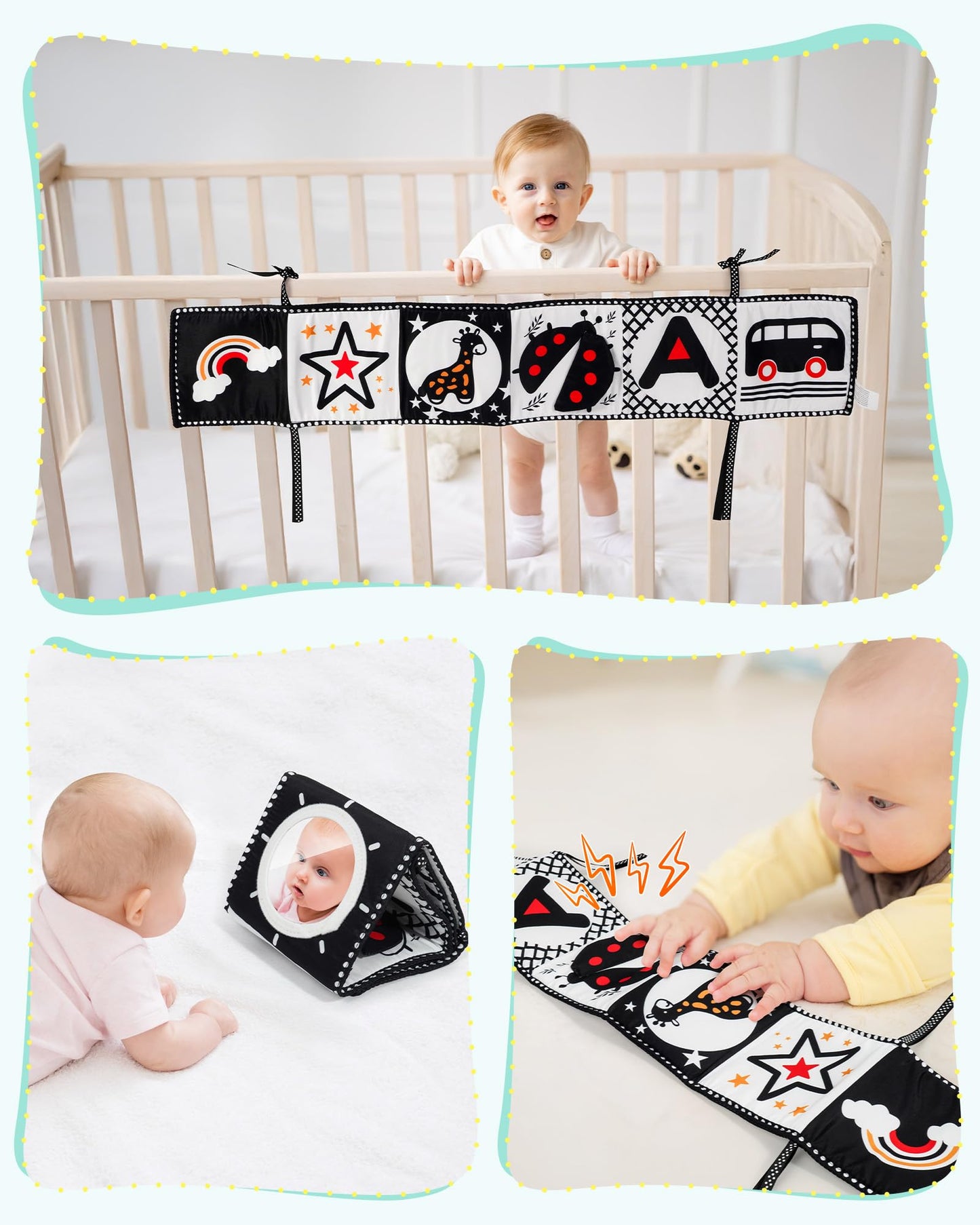 Melican 3 Pcs Black And White High Contrast Baby Toys 0-3 Months For Newborn, Montessori Toys For Babies Sensory Soft Book For E