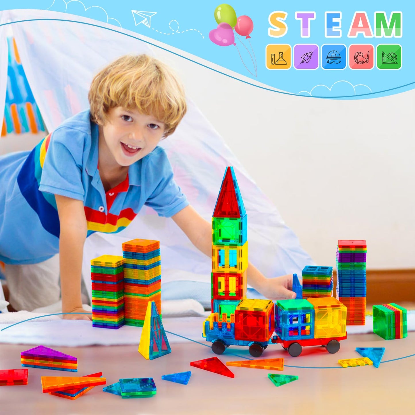 Gemmicc Magnetic Tiles, 126 Pcs + Storage Case, Stem Building Blocks Magnet Toys For Kids,Educational Building Toy Stacking Blocks For Boys Girls,Huge Set With 2 Cars