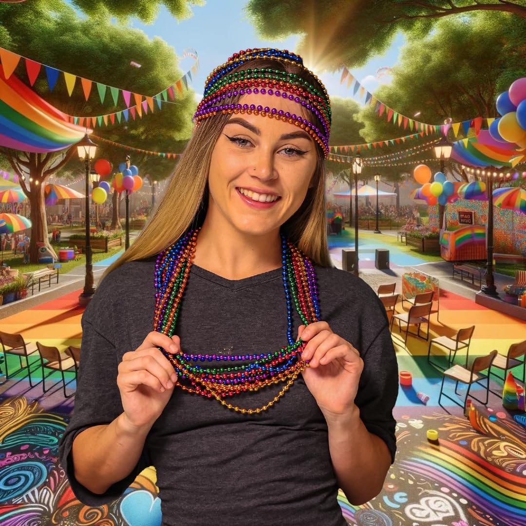 Mardi Gras Beads 33 inch 7mm, 12 Dozen, 144 Pieces, Rainbow Assorted Color Necklaces with Doubloon
