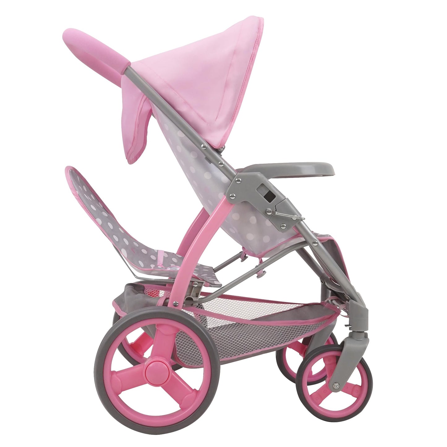509 Crew: Cotton Candy Pink: Twin Tandem Doll Stroller - Pink, Grey, Polka Dot - Dolls Up To 18', Holds 2 Dolls, Foldable, Kids Pretend Play, Ages 3+