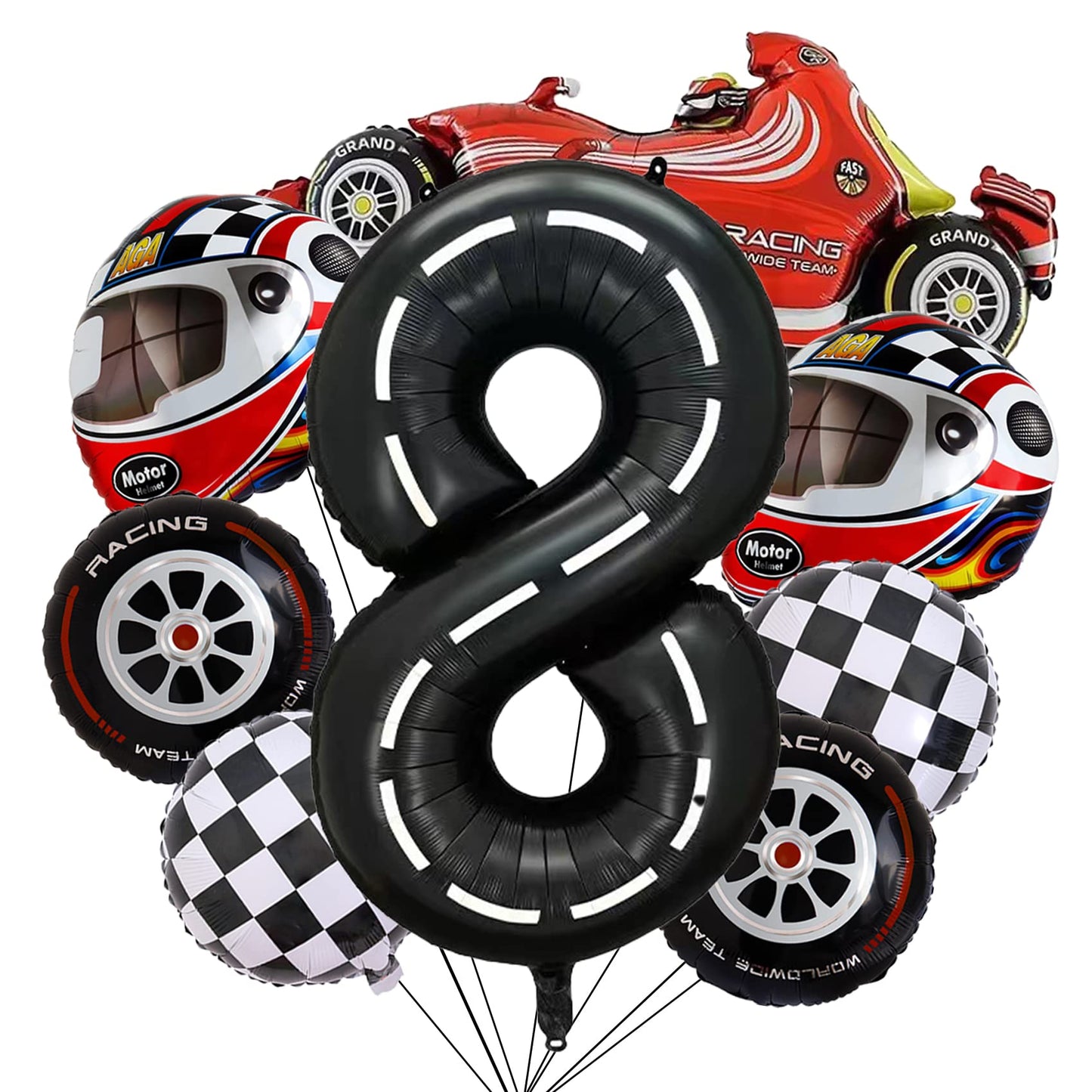 Stcomart 8 Pcs Race Car Party Decorations, Black Number 8 Balloon Checkered Balloons Tire Balloons For Boys 8Th Birthday
