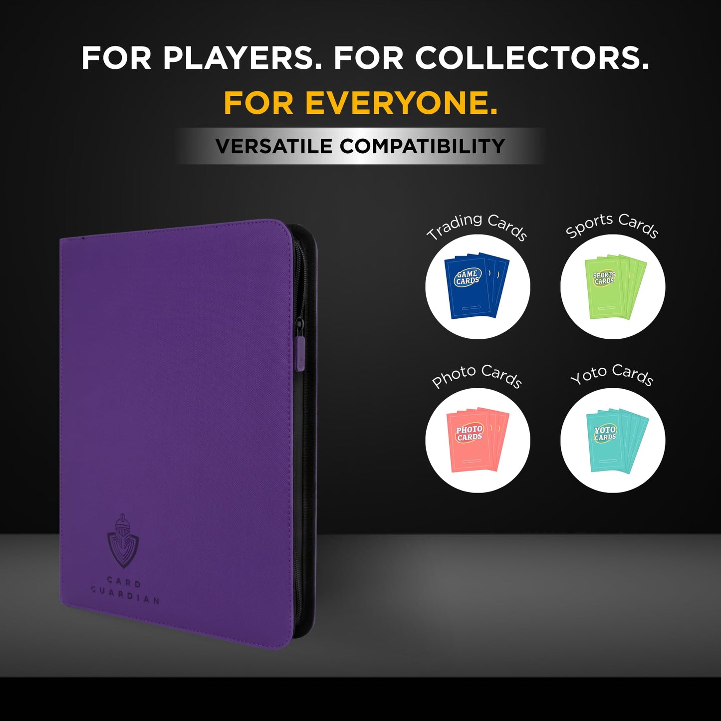 Card Guardian - 9 Pocket enhanced Black Binder with Zipper for 360 Cards - Side Loading Pockets for Trading Card Games TCG (Purple)
