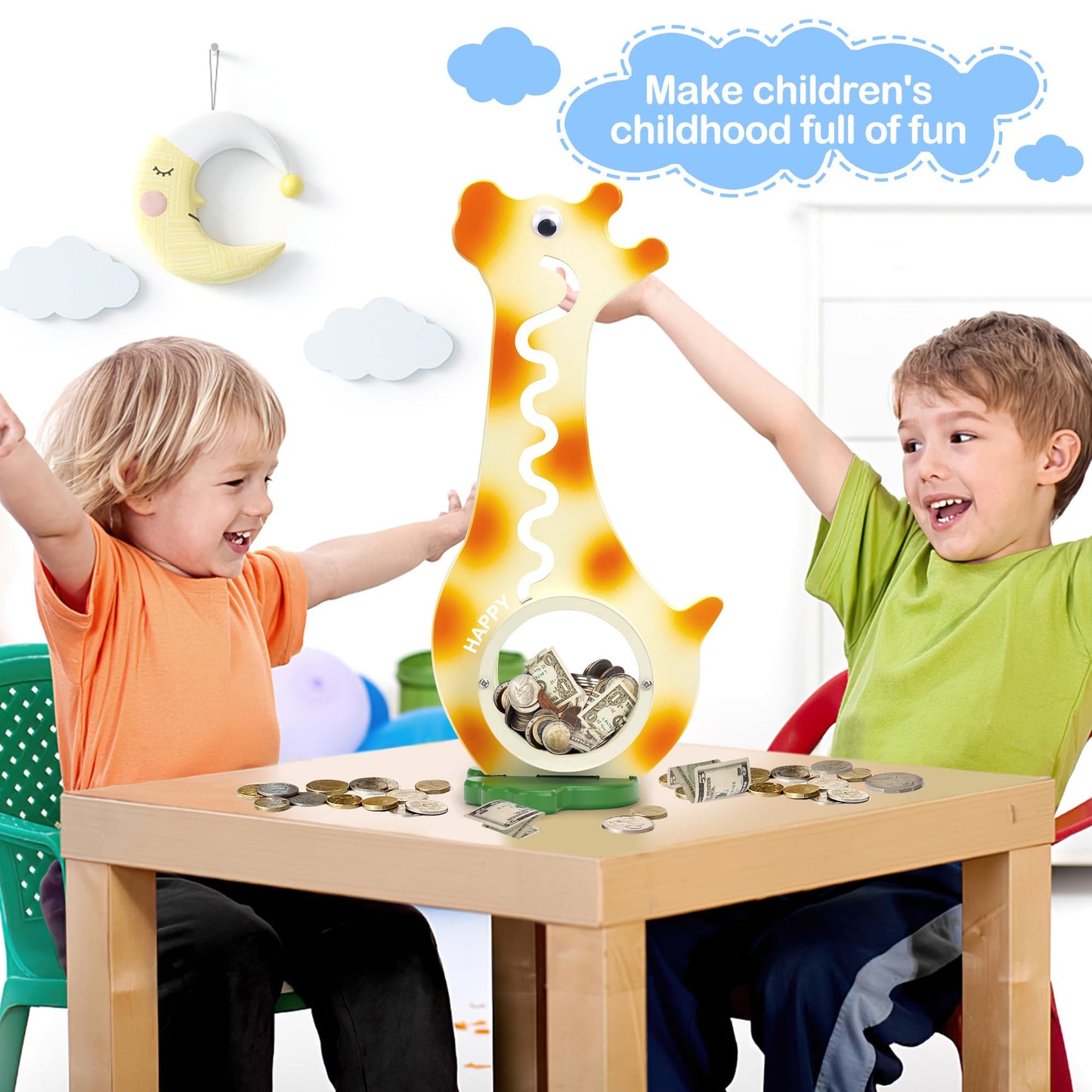 Aorcmitn Wooden Giraffe Piggy Bank Boalord For Boys Kids Girls Clear Big Belly Animal Coin Bank For Toddler Real Money Toy