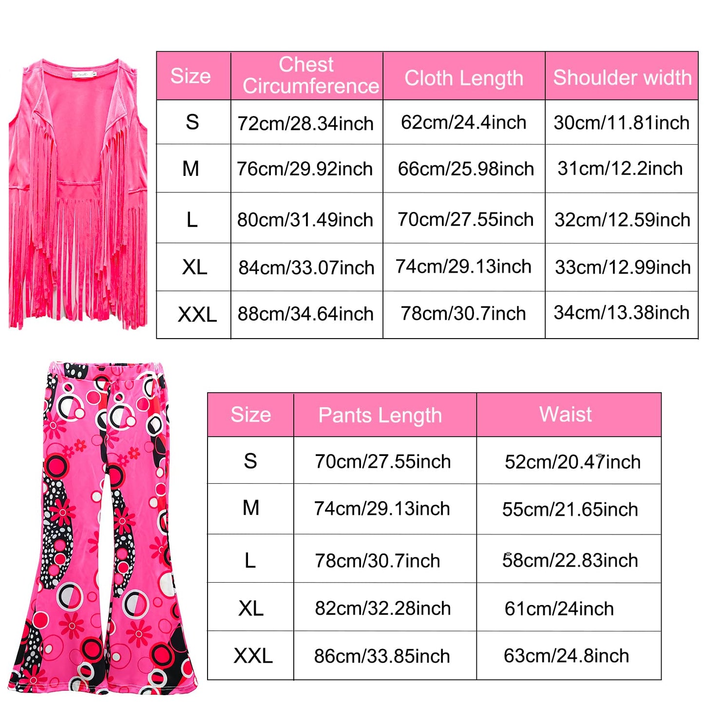 Xonyicos 8 Pcs Girls Kids 60S 70S Hippie Costume Disco Outfits Fringe Vest Boho Bell Bottoms Hippie Outfits Accessories Set (Pin