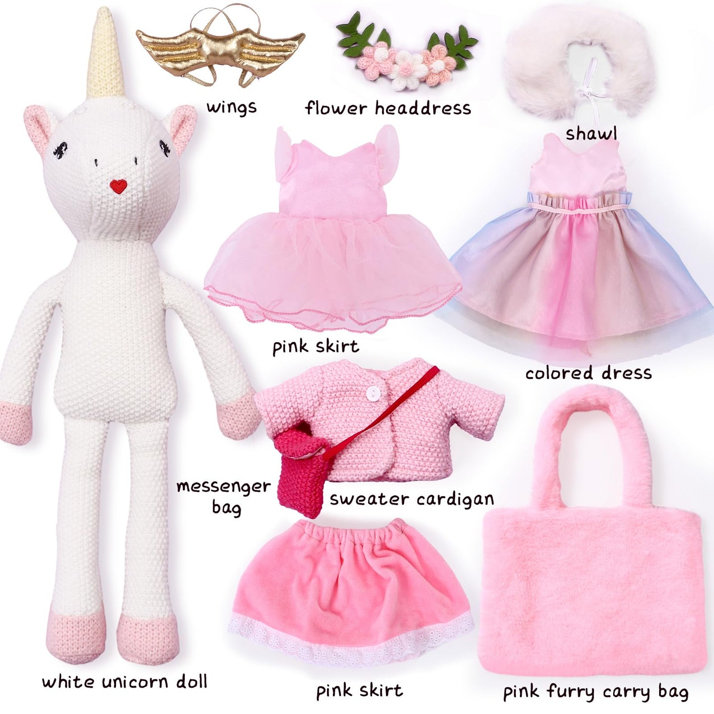 Unicorn Doll Stuffed Animal Toys For Girls - Ballerina Doll | Plush Carrier Bag | 3 Set Cloth Accessories, Kids Pretend Play Doll Pet Care, Birthday Gift For 3 4 5 6 Year Old Little Girl Unicorn Toys