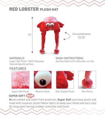 Puzzled Red Lobster Plush Hat - Super Soft and Cozy Fleece Hat With Ear Flaps, Funny Party Costume Toy for Kids & Teens - One Si