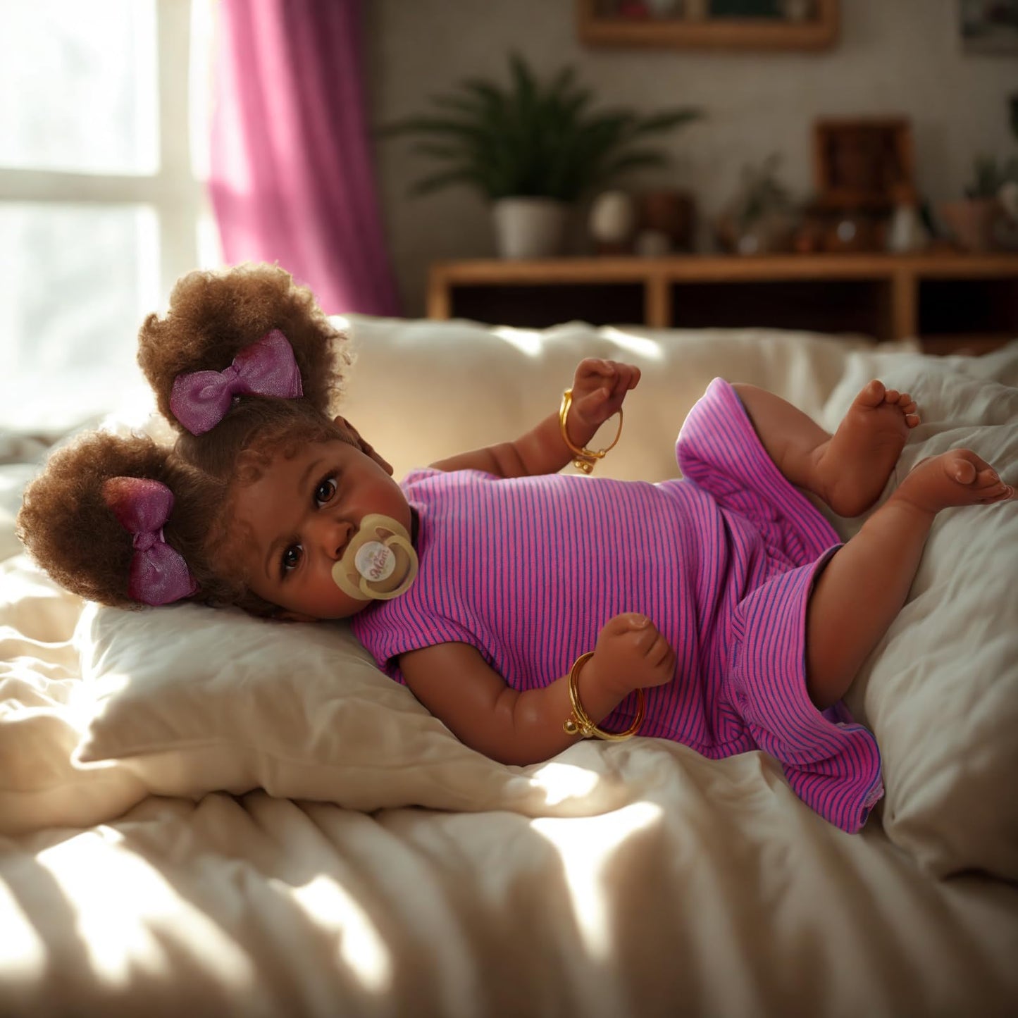 ADFO 22-Inch Reborn Black Baby Doll - Realistic Soft Body, Caramel Skin Tone, Includes Feeding Kit & Toy Accessories for Kids Age 3+