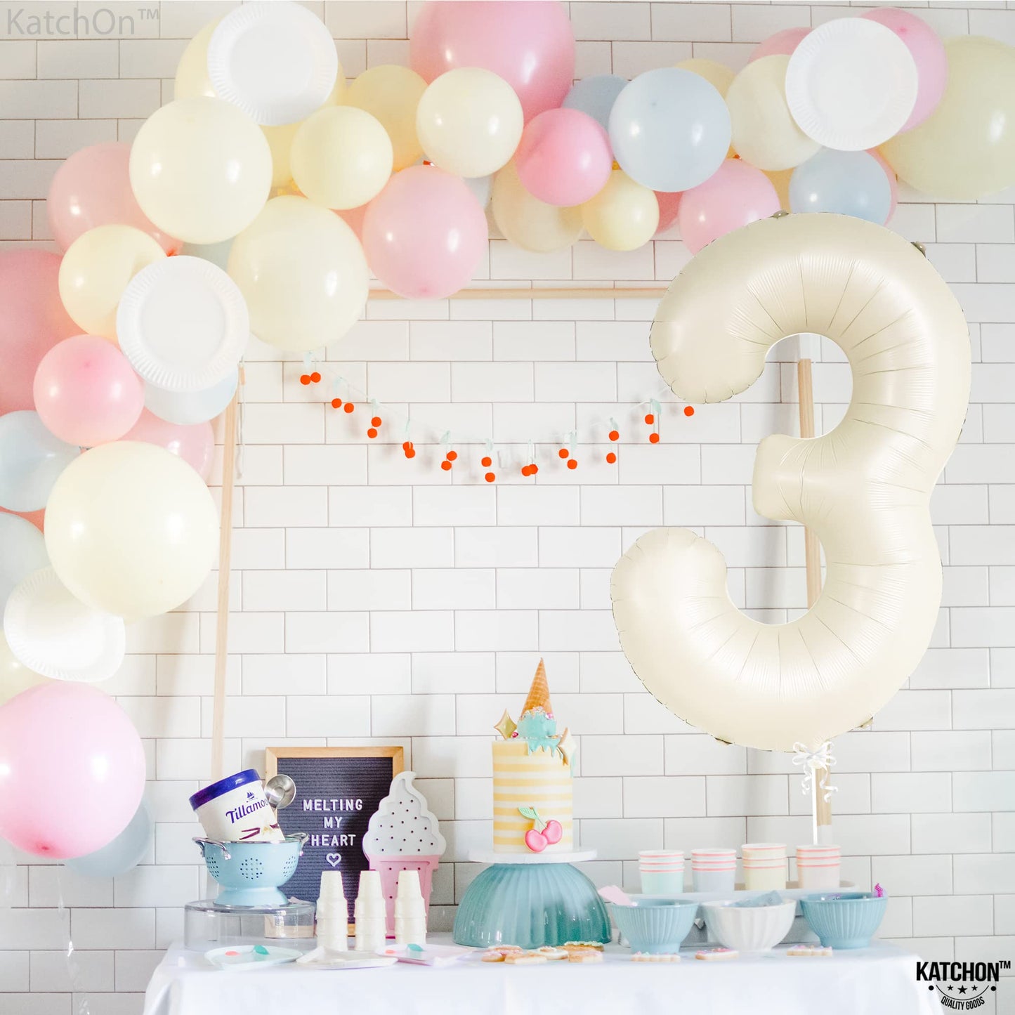 Katchon, Cream White Number 3 Balloon Neutral - Giant, 40 Inch, Three Balloon | 3 Balloon Number For Young Wild And Three Decorations Girl | 3 Birthday Balloon, 3Rd Birthday Decorations For Boys