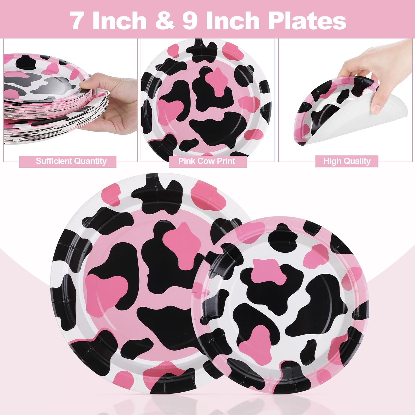 Durony 350 Pieces Pink Cow Print Party Tableware Pink Cow Party Supplies Cowgirl Party Decorations Cow Party Plates Cups Farm Th