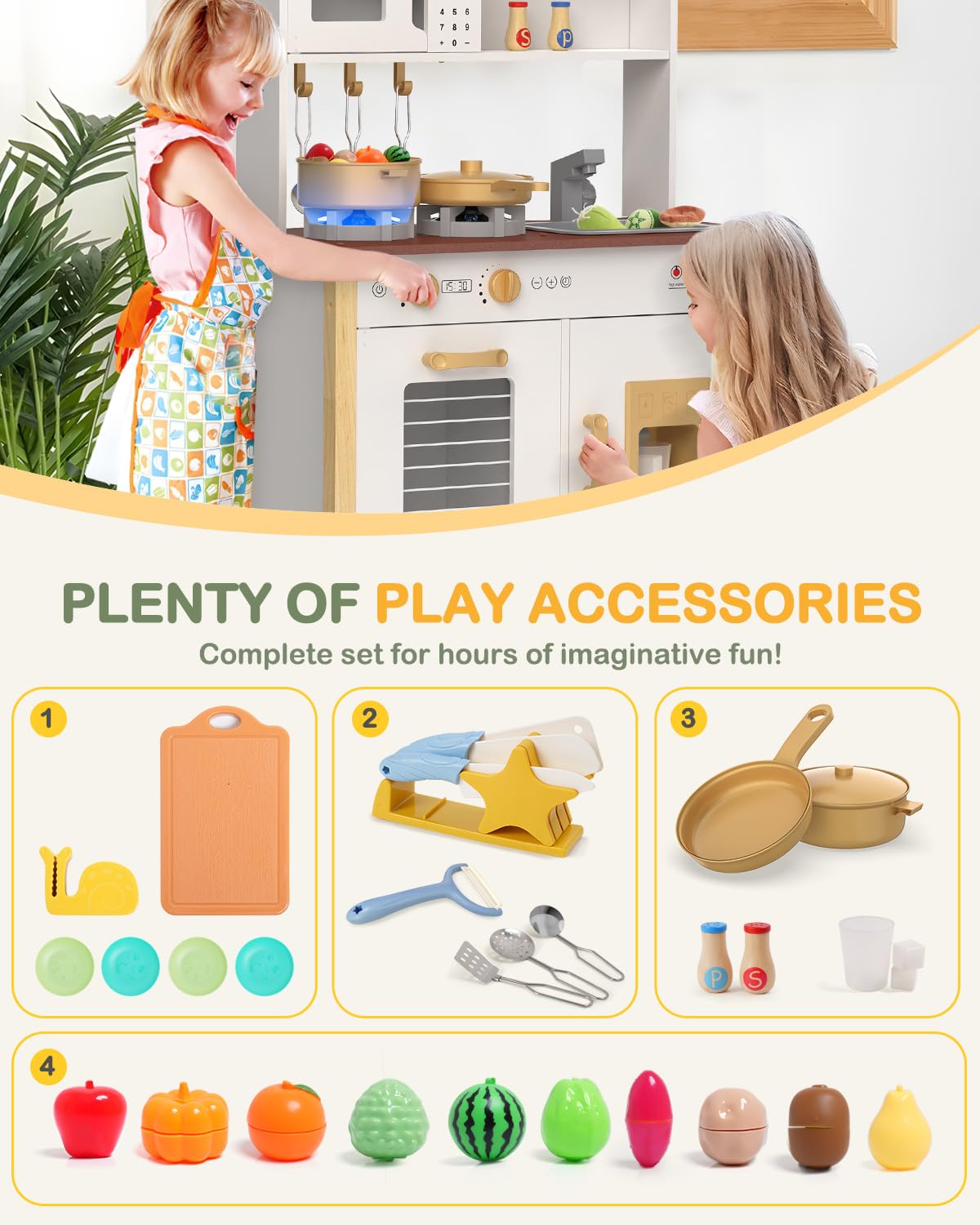 Babytronic Kids Play Kitchen, Wooden Kitchen Playset for Kids Ages 3+ with Real Lights, Sounds, Stove, Sink, Oven, and 30 Pcs Ac
