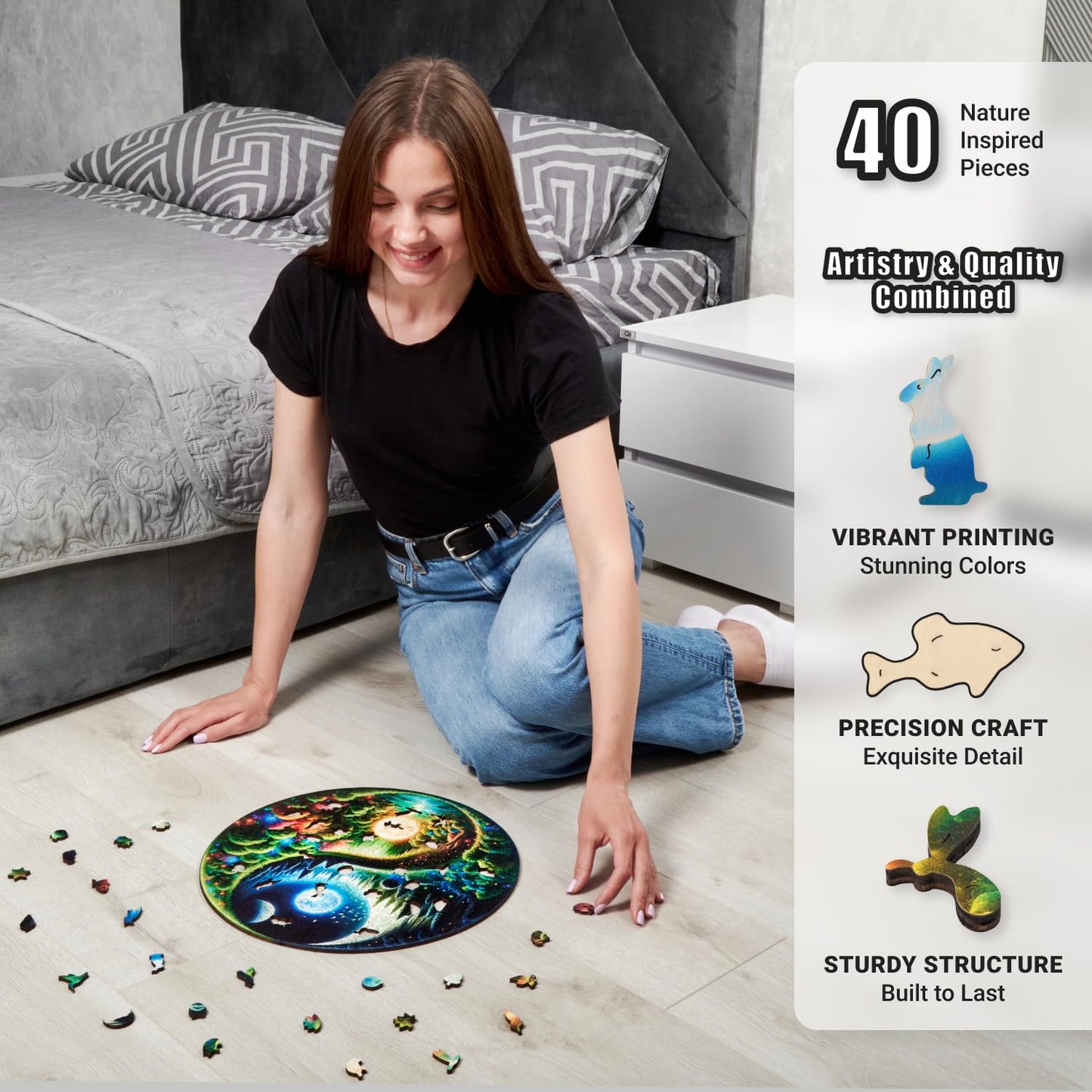 LEOGOR Wooden Jigsaw Puzzle 350 Pieces, Yin Yang Design, Extra-Thick 5mm Wood, 15x14.9 in, Unique Animal Shapes, Challenging Gift
