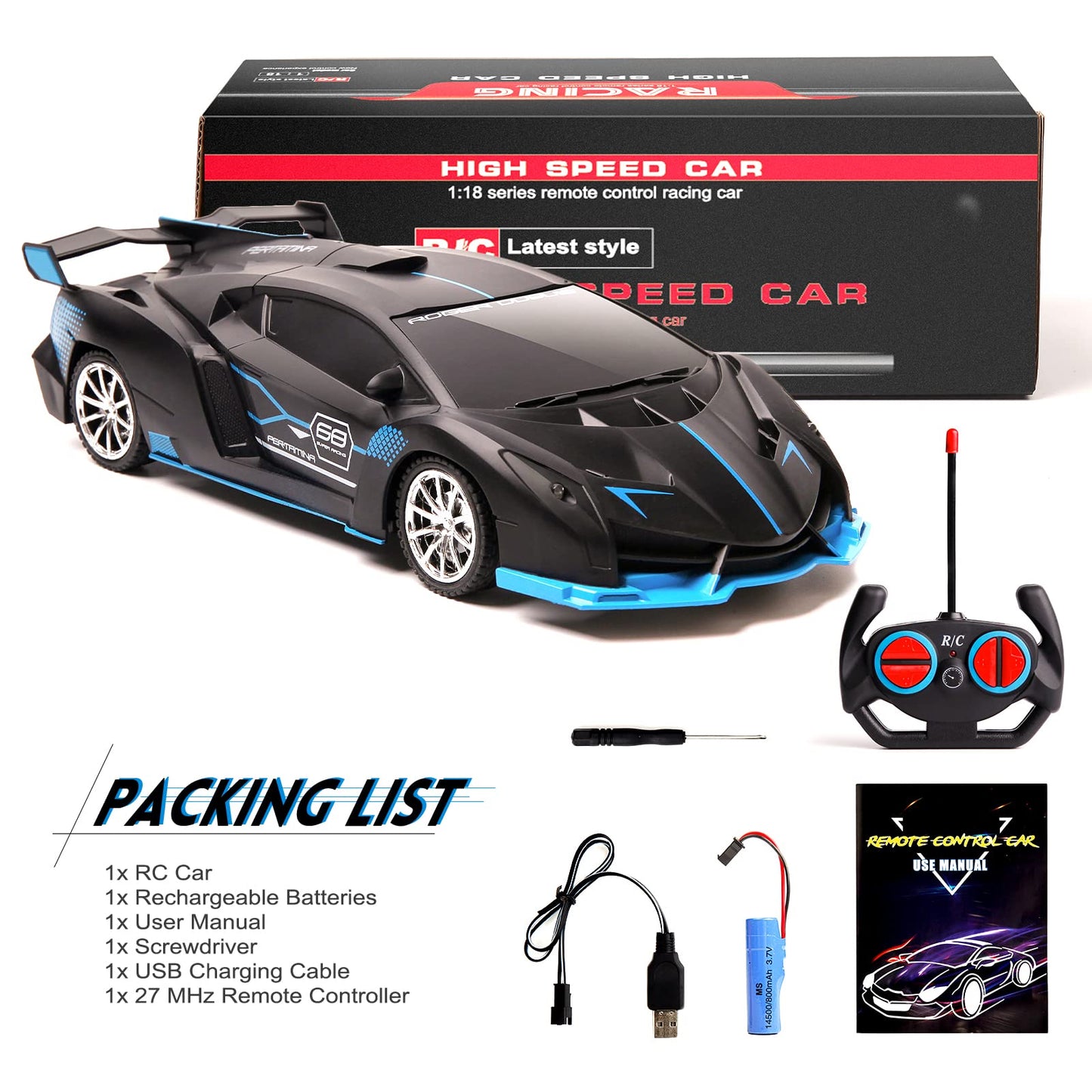 KULARIWORLD Remote Control Car - Fast 1/18 Scale RC Vehicle, Rechargeable, Black Blue, Ideal Xmas Gift for Boys
